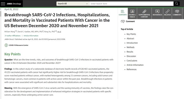 이 연구는 최근 '미국의학협회지(JAMA Oncology) 저널에 게재됐다. 저널 캡쳐 