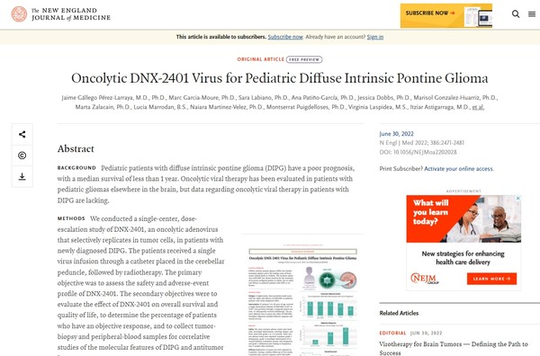 뉴잉글랜드 의학 저널(New England Journal of Medicine)에 실린 스페인 나바라 보건 연구소의 '소아 내재성 뇌교종에 대한 종양 용해성 DNX-2401 바이러스' 연구 결과. 출처 뉴잉글랜드 의학 저널