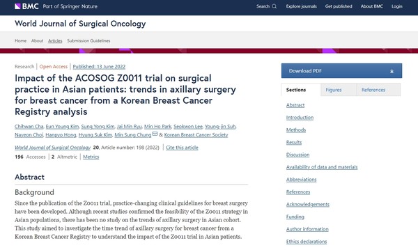 '국제 종양 외과 저널(World Journal of Surgical Oncology)'에 게재된 'ACOSOG Z0011 임상시험이 아시아 환자의 수술에 미치는 영향: 한국 유방암 등록부 분석에서 유방암 겨드랑이 수술 경향(Impact of the ACOSOG Z0011 trial on surgical practice in Asian patients: trends in axillary surgery for breast cancer from a Korean Breast Cancer Registry analysis)'. 출처 국제 종양 외과 저널