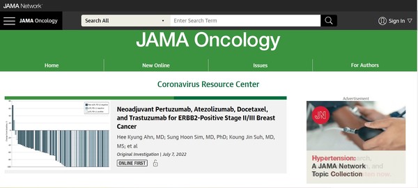 미국의사협회(JAMA)가 발행하는 암 전문 학술지 'JAMA Oncology' 최근호에 발표 된 'Response Rate and Safety of a Neoadjuvant Pertuzumab, Atezolizumab, Docetaxel, and Trastuzumab Regimen for Patients With ERBB2-Positive Stage II/III Breast Cancer'. 출처 JAMA Oncology