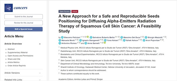  종양학 저널인 암(Cancers)에 “편평 세포 피부암의 확산 알파-방사선 방사선 치료를 위한 안전하고 재현 가능한 종자 위치 지정을 위한 새로운 접근 방식: 타당성 연구A New Approach for a Safe and Reproducible Seeds Positioning for Diffusing Alpha-Emitters Radiation Therapy of Squamous Cell Skin Cancer: A Feasibility Study)”에 소개된 알파타우. 출처 MDPI