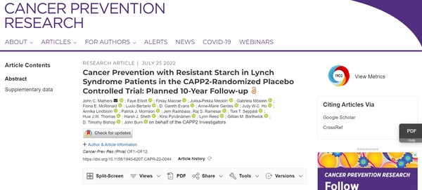 암 예방저널에 실린  Cancer Prevention with Resistant Starch in Lynch Syndrome Patients in the CAPP2-Randomized Placebo Controlled Trial: Planned 10-Year Follow-up