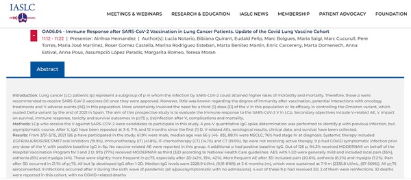 오스트리아 비엔나에서 열린 IASLC(세계폐암학회) 2022 WCLC(World Conference on Lung Cancer) 기간에 발표된 "폐암 환자에서 SARS-CoV-2 백신 접종 후 면역 반응. Covid Lung Vaccine Cohort 업데이트". 출처 IASLC