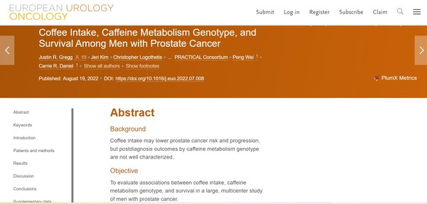 ‘유럽비뇨기과종양학(European Urology Oncology)’ 저널에 온라인으로 실린 연구(Coffee Intake, Caffeine Metabolism Genotype, and Survival Among Men with Prostate Cancer). 출처 유럽비뇨기과종양학