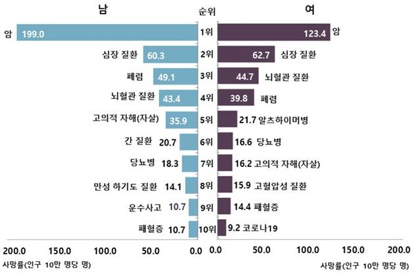2021 성별 사망원인 순위. 출처 통계청