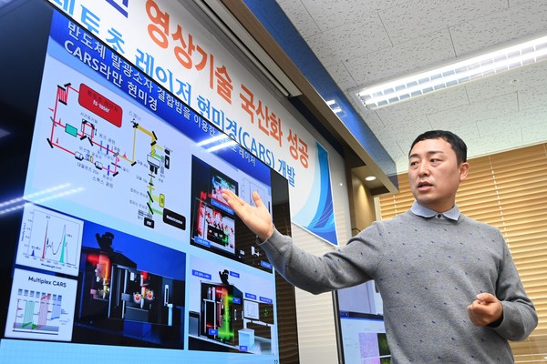 ETRI 송동훈 박사가 CARS 라만 현미경의 작동원리를 설명하고 있다. 출처 한국전자통신연구원
