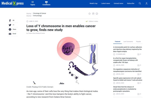 남성이 여성보다 암에 더 잘 걸리는 이유가 남성의 Y염색체에 있다는 연구결과가 발표됐다. 출처 메디컬익스프레스 갈무리