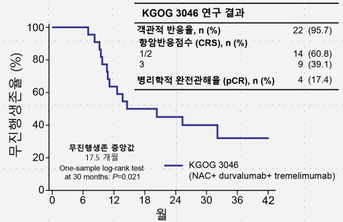  선행항암요법에 면역항암제인 더발루맙과 트레멜리무맙을 투여했을 때 30개월 이상 무진행생존기간 인원이 전체 참가자의 40% 달하는 것을 확인할 수 있다  출처 연세대학교 의료원 